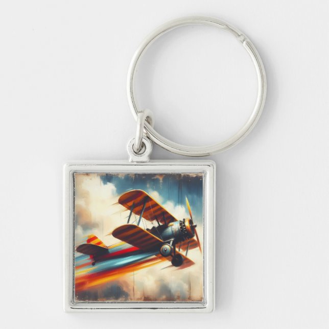 Blazing Speed: Retro VintageBiplane Oil Painting Key Ring (Front)