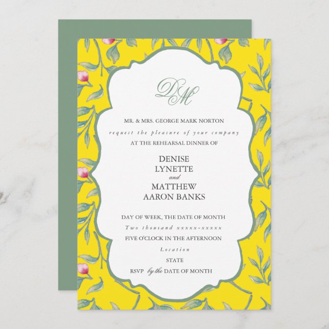 Blazing Yellow and Basil Green Rehearsal Dinner Invitation (Front/Back)