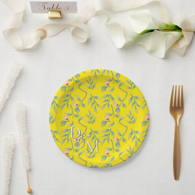 Blazing Yellow Floral  Paper Plates (Wedding)