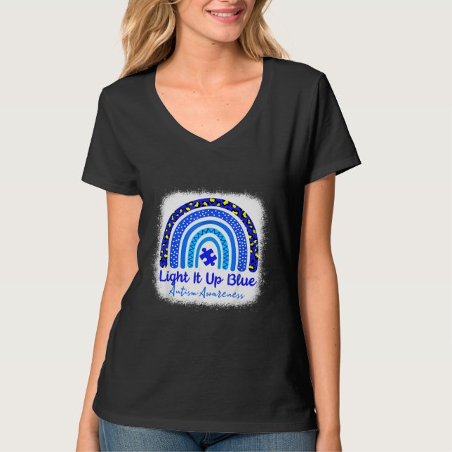 Bleached Autism Awareness Light It Up Blue Rainbow T-Shirt (Front)