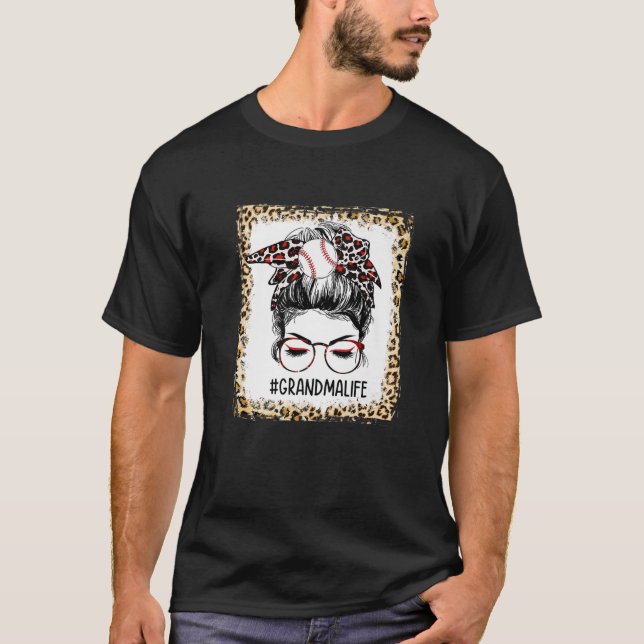 Bleached Baseball Grandma Messy Bun Game Day Mothe T-Shirt (Front)