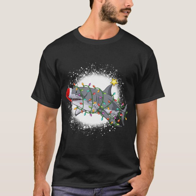 Bleached Christmas Shark Light Tree Funny Santa T-Shirt (Front)