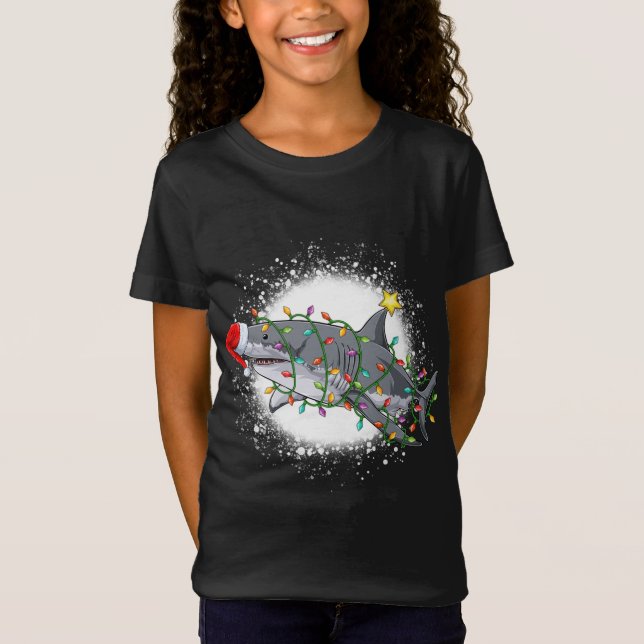 Bleached Christmas Shark Light Tree Funny Santa T-Shirt (Front)