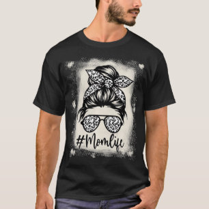 Bleached Classy Mum Life Leopard Pattern Messy Bun T-Shirt