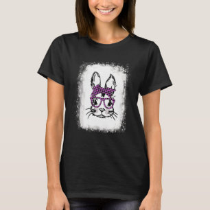 Bleached Cute Bunny Face Pink Buffalo Plaid Glasse T-Shirt