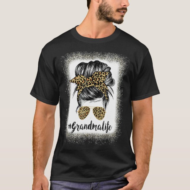 Bleached Grandma Life Leopard Messy Bun Women Moth T-Shirt (Front)