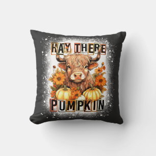 Bleached Hay There Pumkin Highland Cow Fall Autumn Cushion