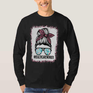 Bleached Healthcare Worker Life Messy Bun Leopard  T-Shirt