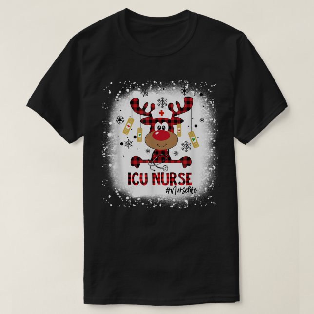 Bleached ICU Nurse Reindeer Christmas Pajama Xmas  T-Shirt (Design Front)