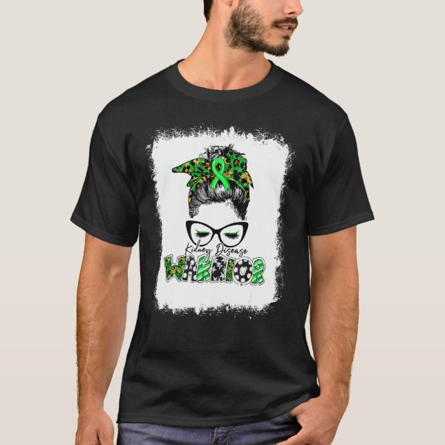 Bleached Kidney Disease Warrior Leopard Messy Bun  T-Shirt (Front)