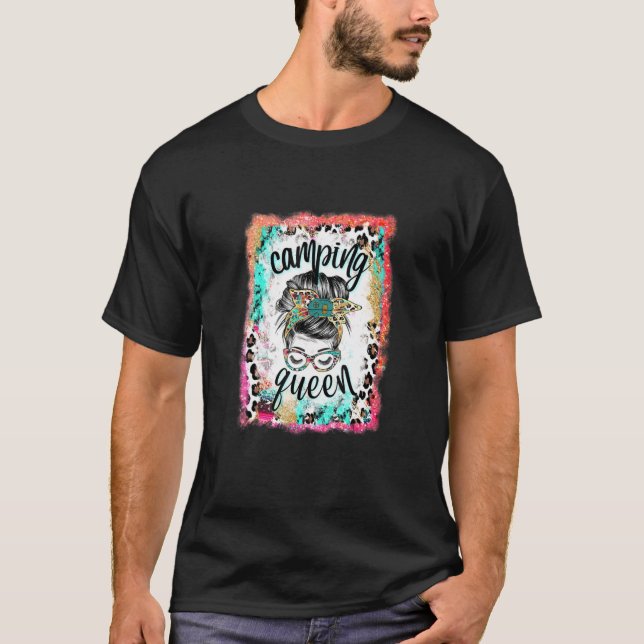 Bleached Leopard Messy Bun Camping Queen Funny Cam T-Shirt (Front)