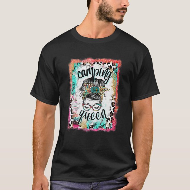 Bleached Leopard Messy Bun Camping Queen Funny Cam T-Shirt (Front)