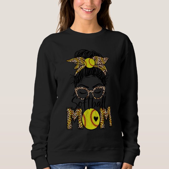 Bleached Leopard Softball Mum Game Day Messy Bun M Sweatshirt (Front)