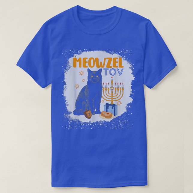 Bleached Mazel Tov Black Cat Menorah Funny Hanukka T-Shirt (Design Front)