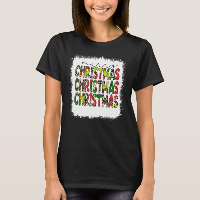 Bleached Merry Christmas Stacked Leopard Christmas T-Shirt (Front)