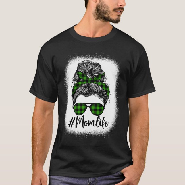 Bleached Messy Bun Mom Life Plaid Green Print Moth T-Shirt (Front)