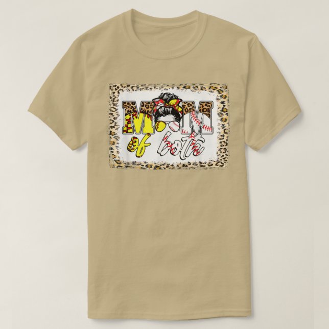 Bleached Messy Bun Mum Of Both Leopard Baseball So T-Shirt (Design Front)