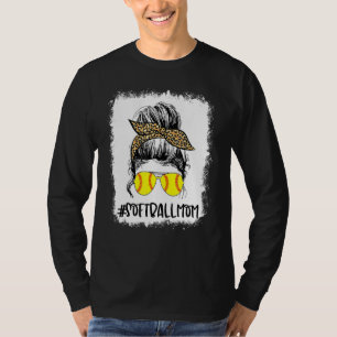 Bleached Mum Life Leopard Messy Bun Softball Game T-Shirt