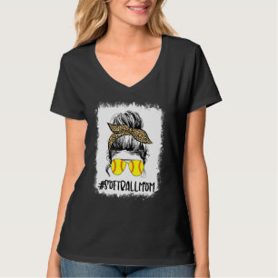 Bleached Mum Life Leopard Messy Bun Softball Game T-Shirt