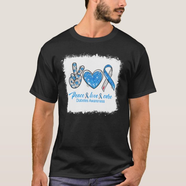 Bleached Peace Love Cure Blue Grey Ribbon Diabetes T-Shirt (Front)