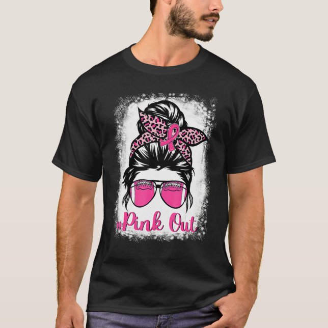 Bleached Pink Out Football Mum Messy Bun Pink Brea T-Shirt (Front)