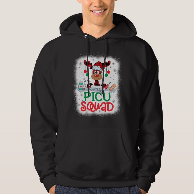 Bleached Reindeer Plaid Santa Hat PICU Squad Nurse Hoodie (Front)