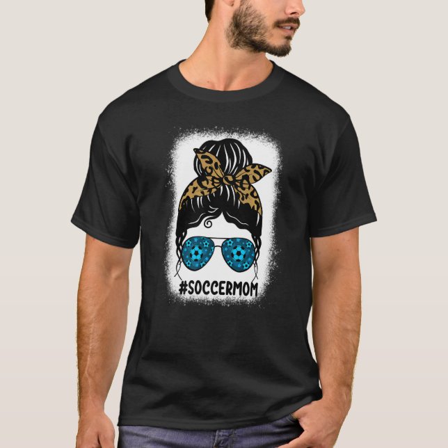 Bleached Soccer Mum Leopard Print Messy Bun Hair L T-Shirt (Front)
