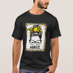 Bleached Softball Aunt Messy Bun Game Day Mothers  T-Shirt