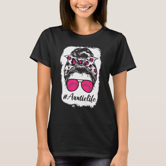 Bleached Softball Auntie Life Pink Leopard Messy B T-Shirt (Front)