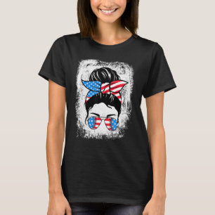 Bleached Softball Baseball Mum Life Messy Bun 4th T-Shirt