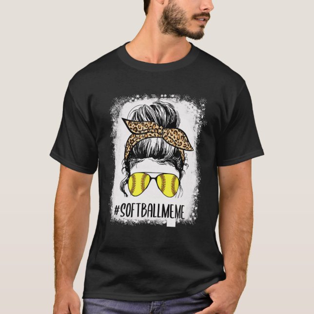 Bleached Softball Meme Life Leopard Messy Bun Moth T-Shirt (Front)