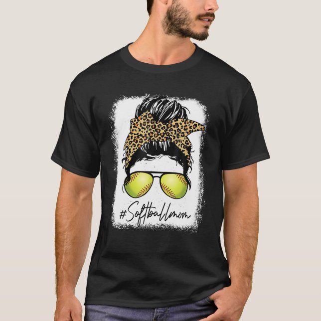 Bleached Softball Mom Life Leopard Messy Bun Game T-Shirt (Front)