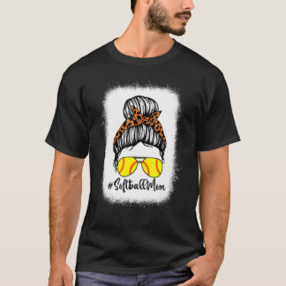 Bleached Softball Mom With Leopard And Messy Bun P T-Shirt