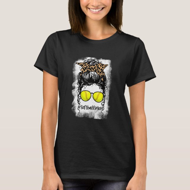 Bleached Softball Mum Life Leopard Messy Bun For W T-Shirt (Front)