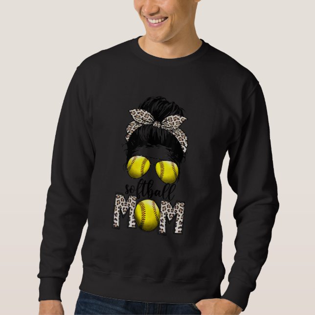 Bleached Softball Mum Life Leopard Messy Bun Game  Sweatshirt (Front)