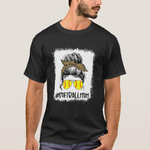 Bleached Softball Mum Life Leopard Messy Bun Game T-Shirt