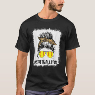 Bleached Softball Mum Life Leopard Messy Bun Game T-Shirt
