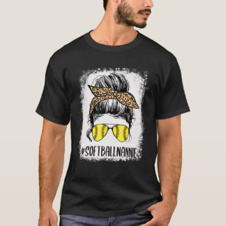 Bleached Softball Nannie Life Leopard Messy Bun Mo T-Shirt