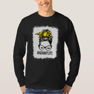 Bleached Softball Nanny Life Leopard Messy Bun Mot T-Shirt