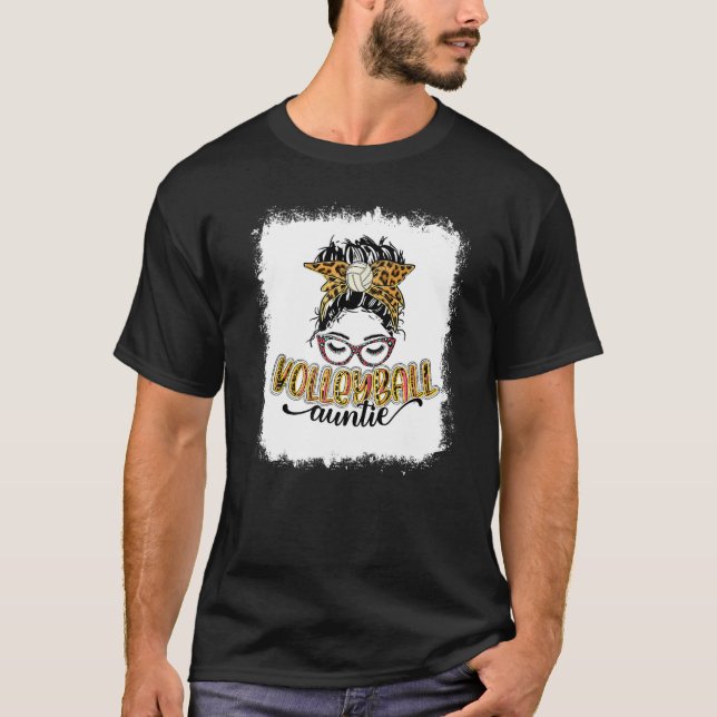 Bleached Volleyball Auntie Leopard Messy Bun Mothe T-Shirt (Front)