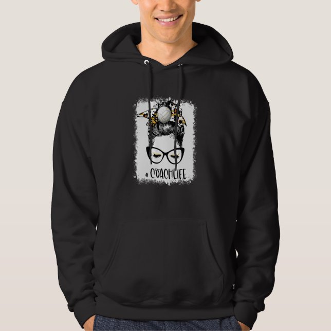 Bleached Volleyball Coach Life Leopard Messy Bun V Hoodie (Front)