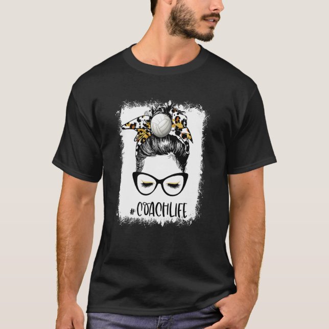 Bleached Volleyball Coach Life Leopard Messy Bun V T-Shirt (Front)