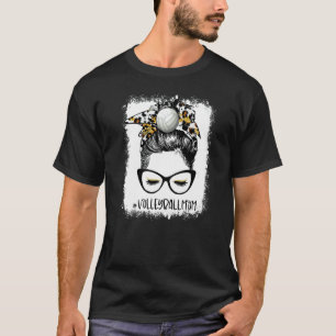 Bleached Volleyball Mum Life Leopard Messy Bun Gam T-Shirt