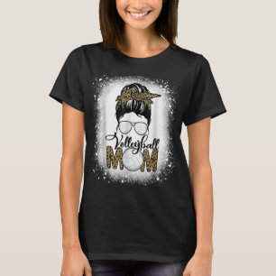 Bleached Volleyball Mum Life Leopard Messy Bun Gam T-Shirt