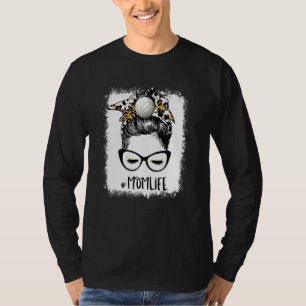 Bleached Volleyball Mum Life Leopard Messy Bun Gam T-Shirt