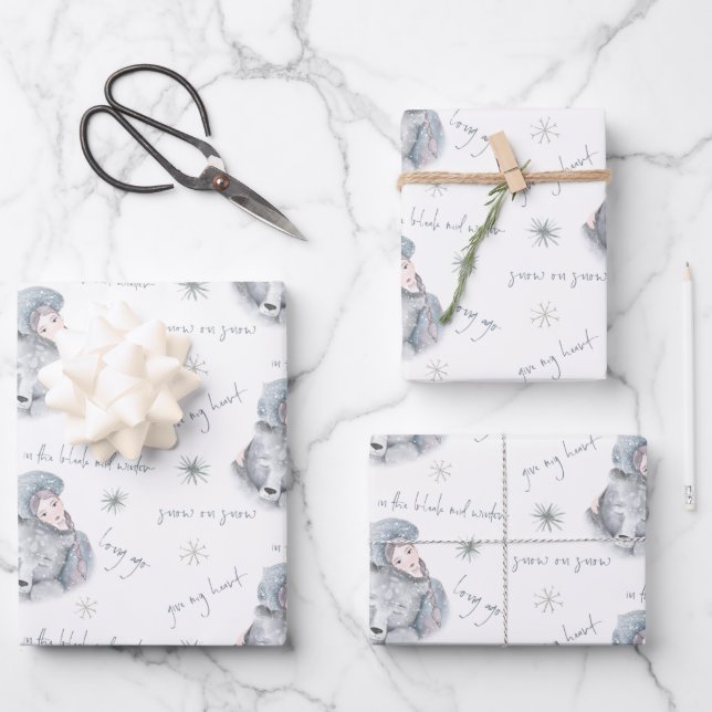 Bleak Mid Winter Bear Snow Princess Pattern Wrappi Wrapping Paper Sheet (Front)