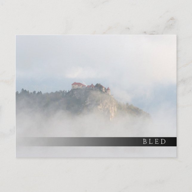 Bled castle surrounded by clouds postcard (Front)