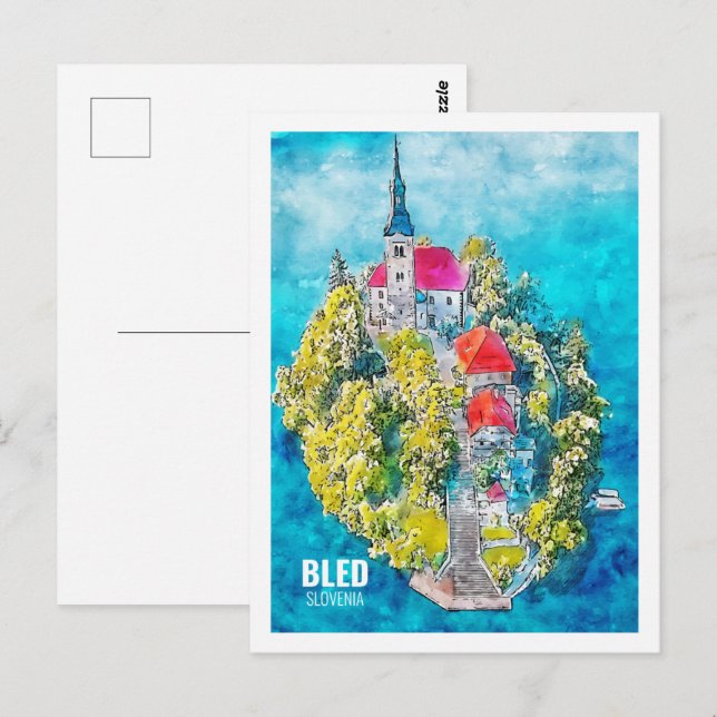 Bled Slovenia Famous Travel Watercolor Sketch Postcard (Front/Back)