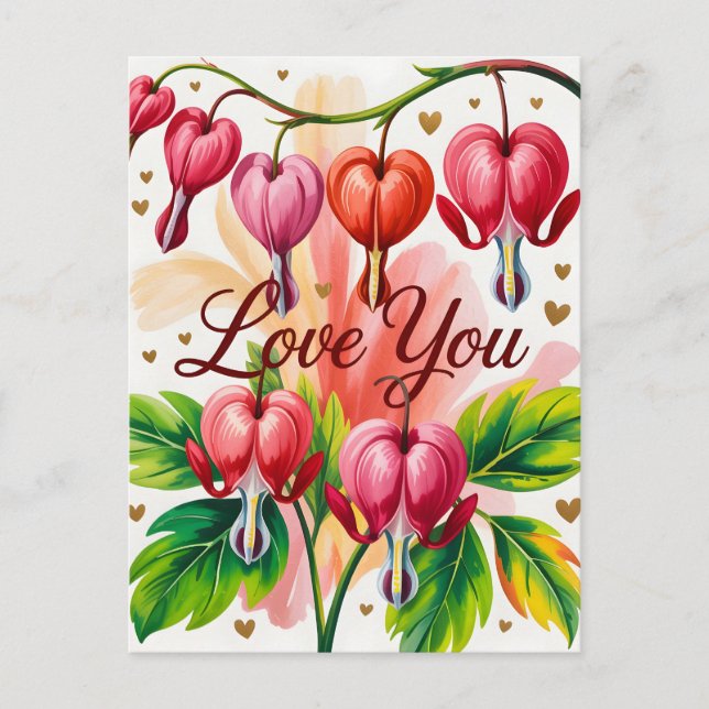 Bleeding Heart Floral Illustration with Love You  Postcard (Front)