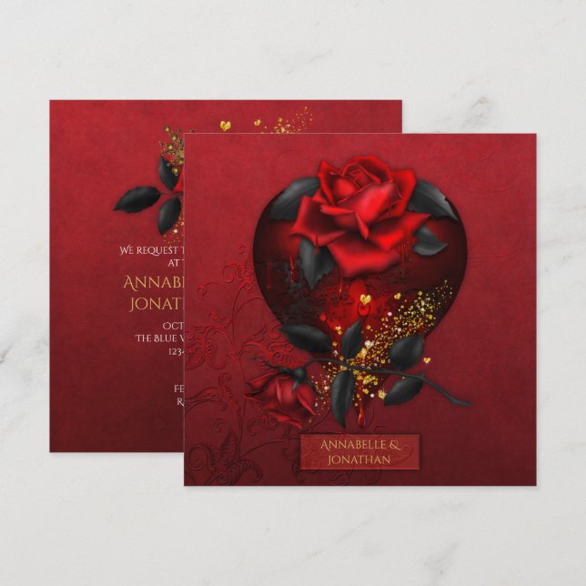 Bleeding Red Roses Black Leaves Gold Wedding | Invitation (Front/Back)